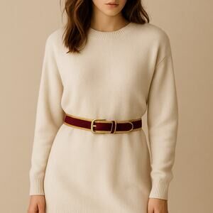 Vintage Burgundy Velvet Leather Belt Gold Trim 35" Made in USA